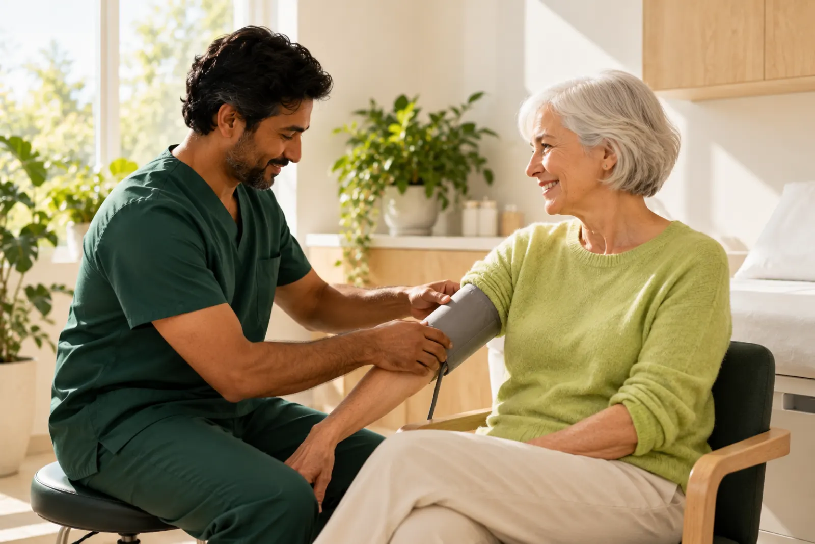 A nurse checking the blood pressure of a smiling woman in a bright exam room