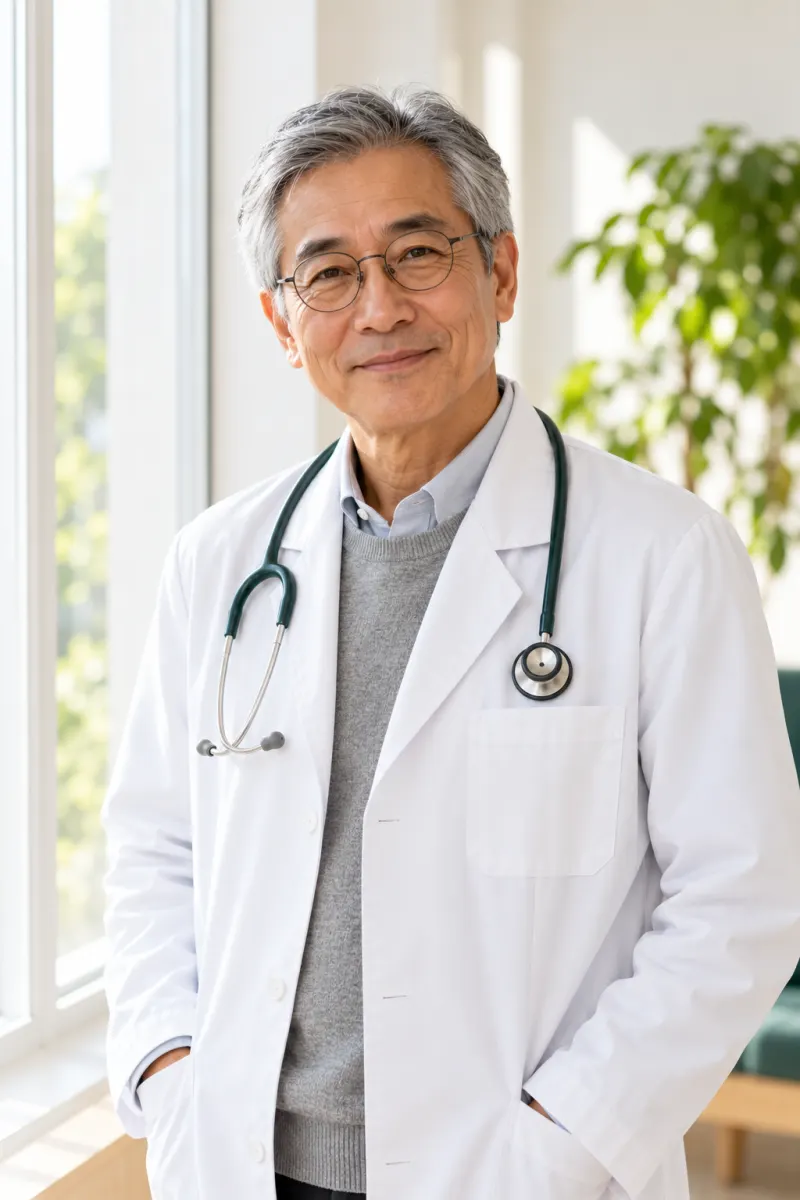 Portrait of Dr. Ren Aoki, a cardiologist with grey hair and glasses