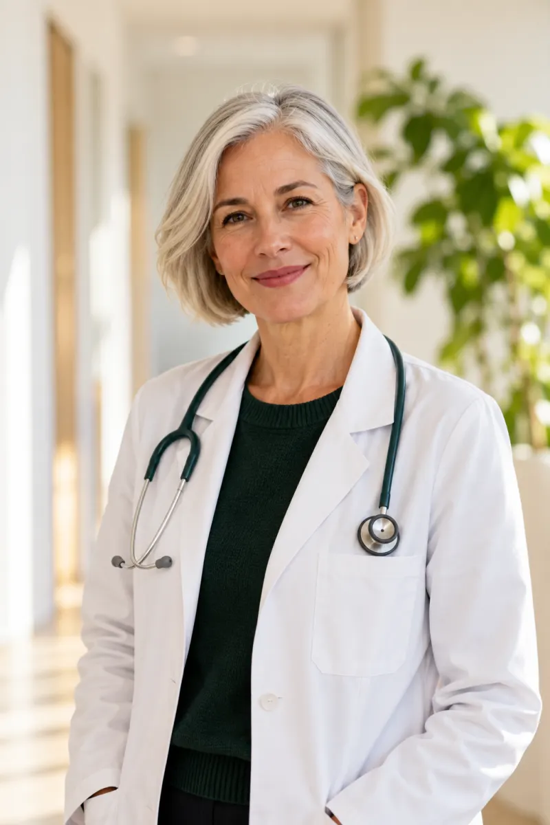 Portrait of Dr. Mara Ellison, a family doctor with a silver bob and a white coat