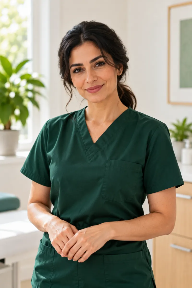 Portrait of Dr. Lina Haddad, a dermatologist in deep green scrubs