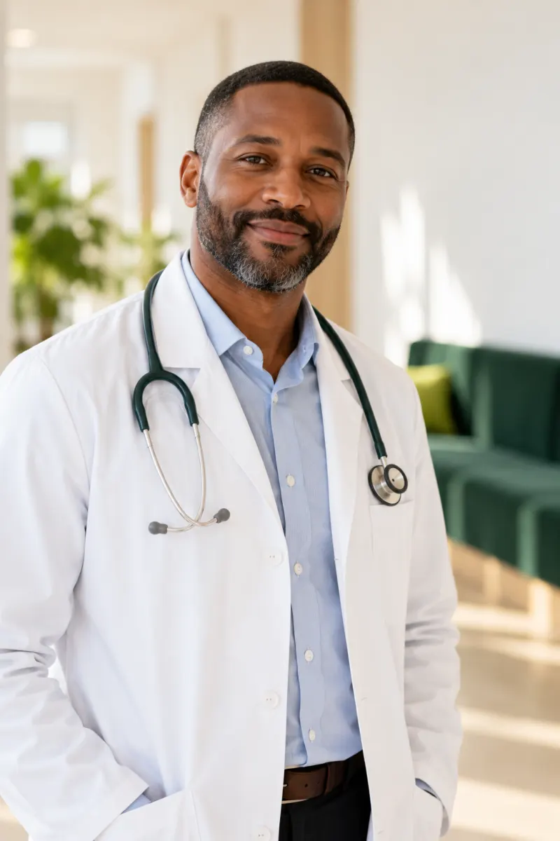 Portrait of Dr. Tomas Okafor, an internal medicine doctor with a short beard