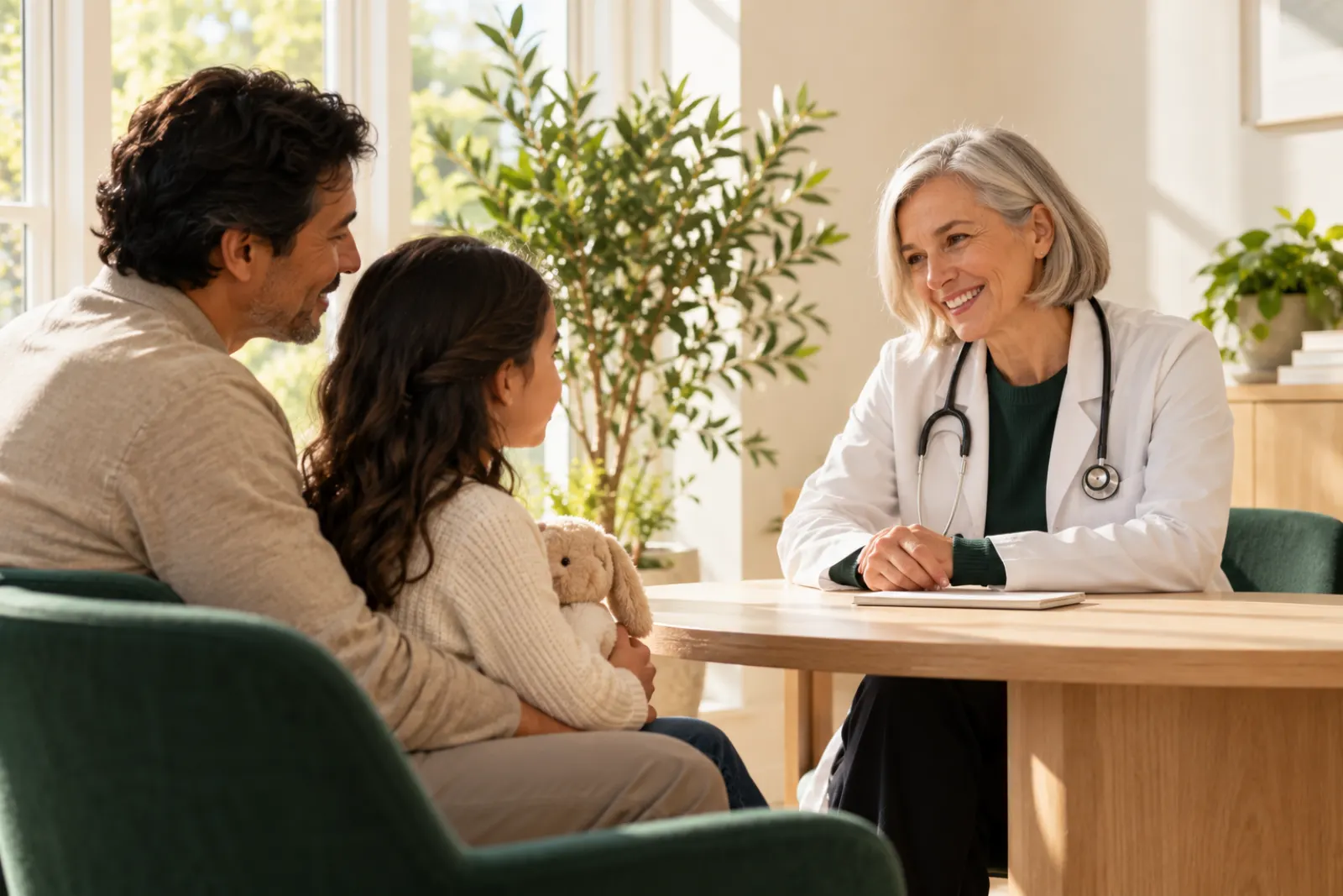 A family doctor talking with a father and his young daughter in a bright consulting room