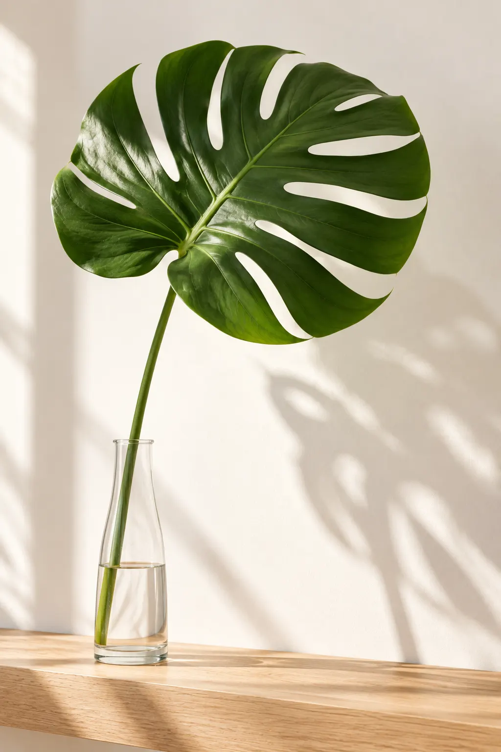 A single green monstera leaf in a clear glass bottle against a white wall