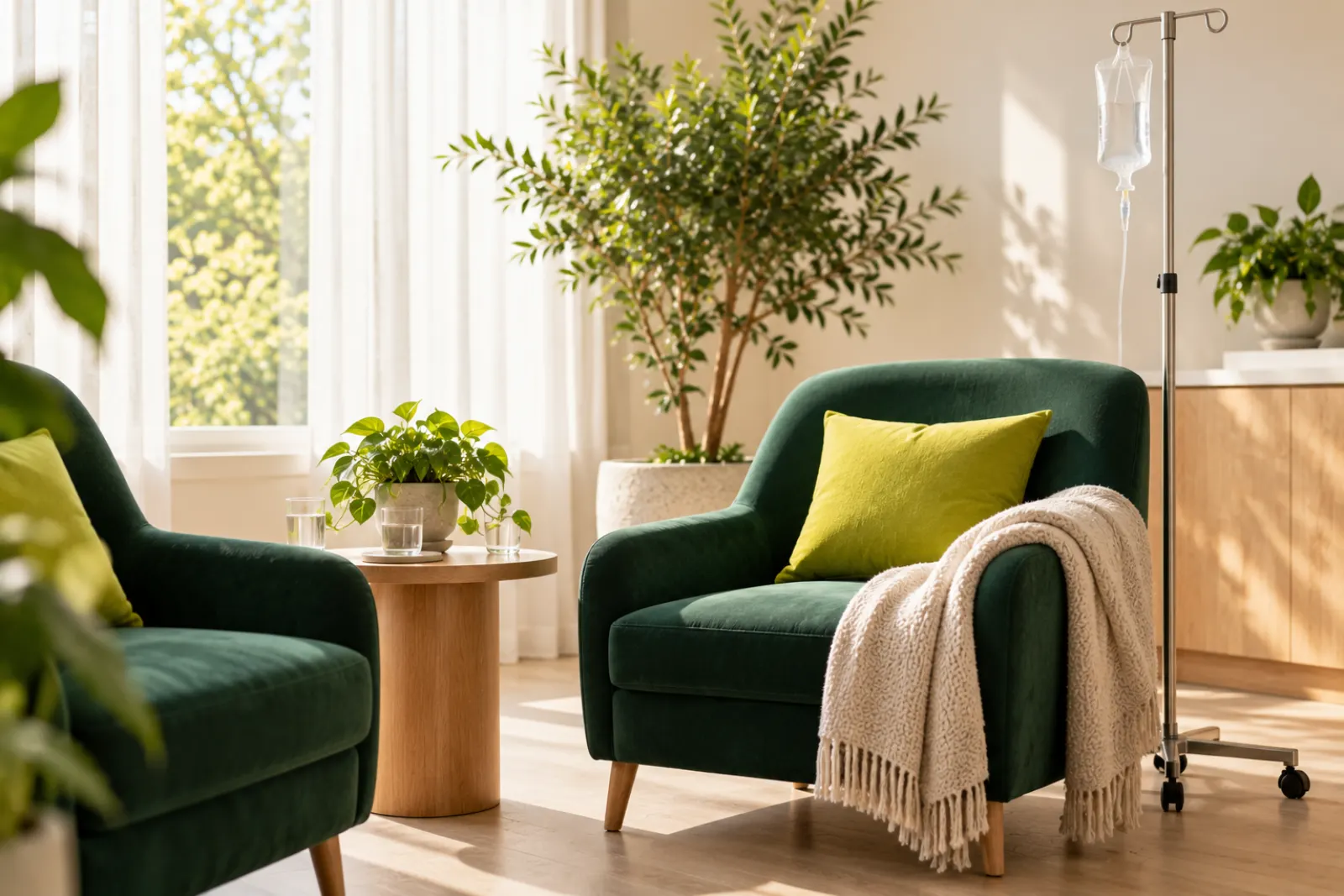 A quiet treatment lounge with deep green armchairs by a tall window