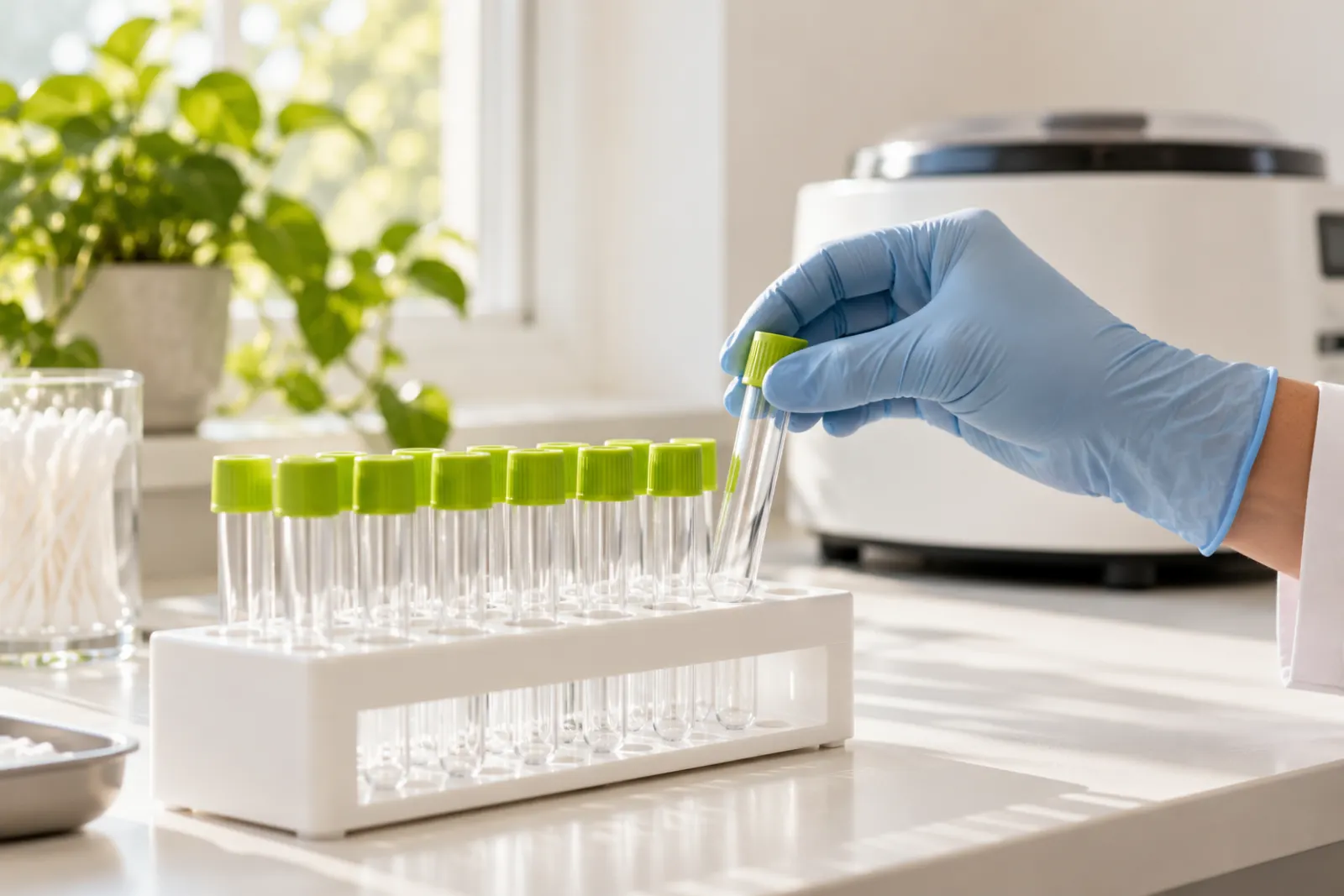Empty sample tubes with lime-green caps in a white rack on a clean lab bench
