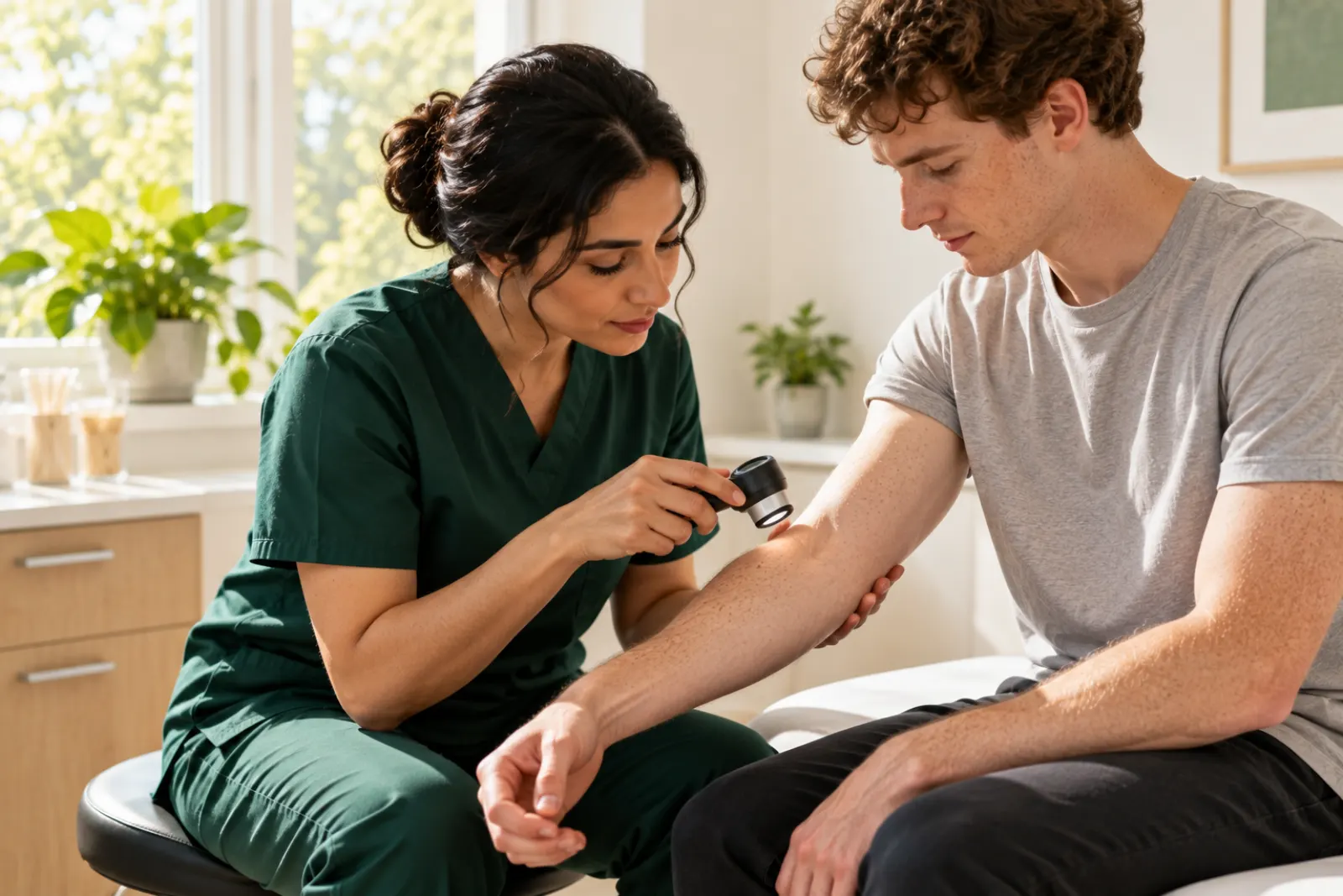 A dermatologist looking at a patient's forearm with a small handheld magnifier