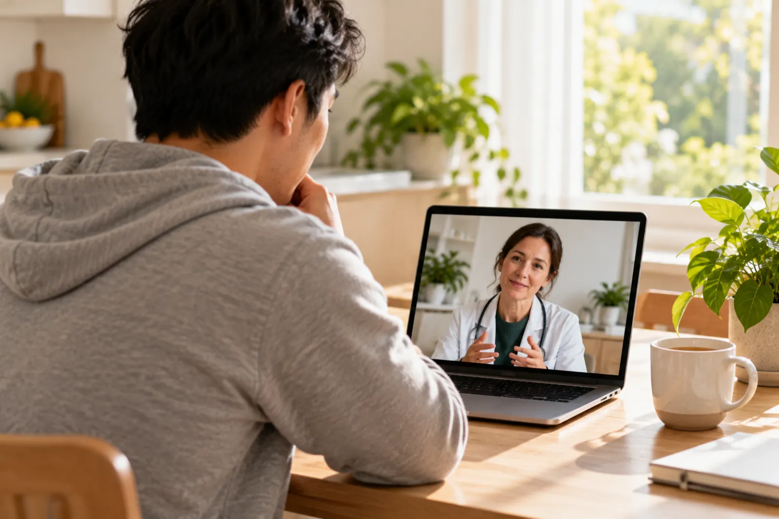 A young man at his kitchen table on a video call with a doctor